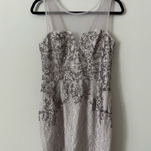 BCBGMAXAZRIA Silver Sequin Lace Dress